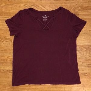 American Eagle Purple Criss Cross V-neck Short Sleeve Shirt
